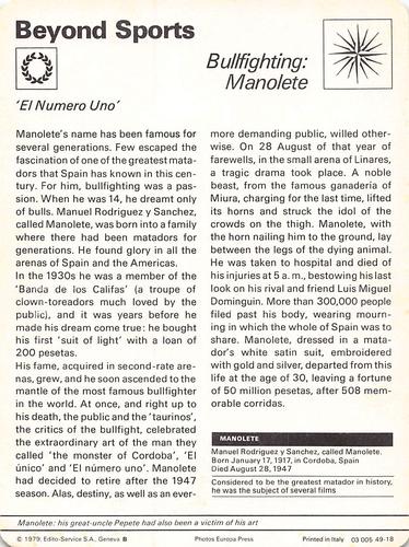 1977-79 Sportscaster Series 49 #49-18 Manolete Back