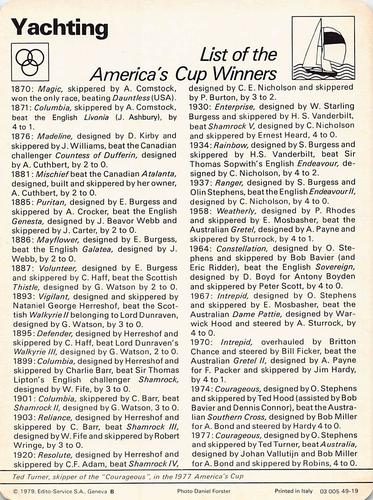 1977-79 Sportscaster Series 49 #49-19 List of the Americas Cup Winners Back