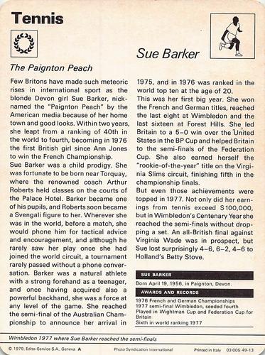 1977-79 Sportscaster Series 49 #49-13 Sue Barker Back
