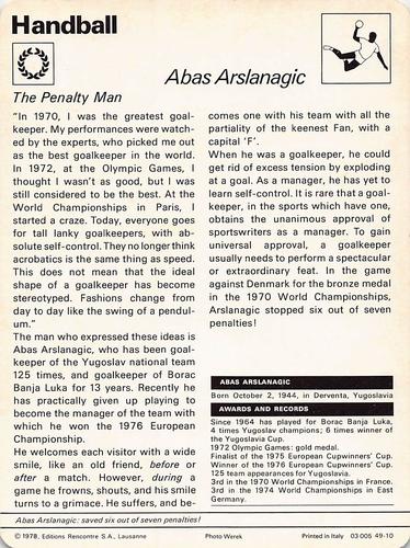 1977-79 Sportscaster Series 49 #49-10 Abas Arslanagic Back