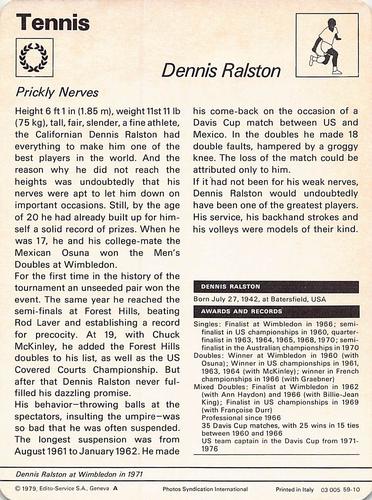 1977-79 Sportscaster Series 59 #59-10 Dennis Ralston Back