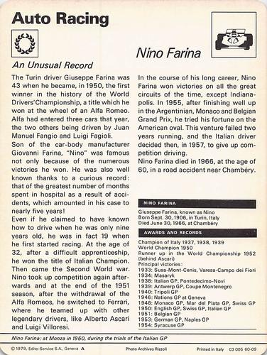1977-79 Sportscaster Series 60 #60-09 Nino Farina Back