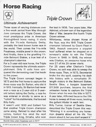 1977-79 Sportscaster Series 60 #60-20 Triple Crown Back