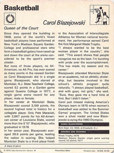 1977-79 Sportscaster Series 60 #60-08 Carol Blazejowski Back