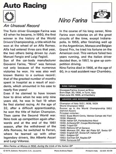 1977-79 Sportscaster Series 60 #60-09 Nino Farina Back