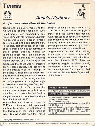 1977-79 Sportscaster Series 61 #61-04 Angela Mortimer Back