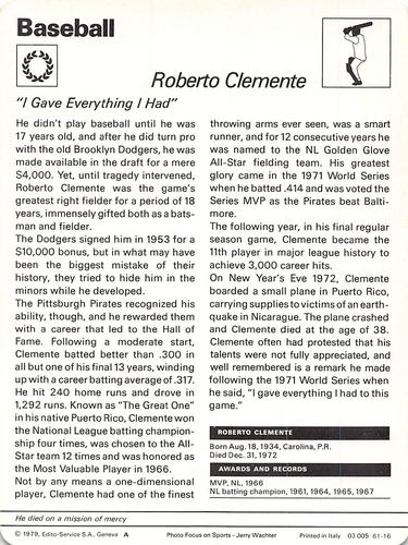 1977-79 Sportscaster Series 61 #61-16 Roberto Clemente Back