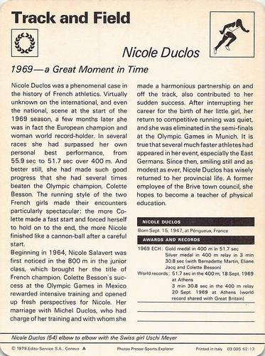 1977-79 Sportscaster Series 62 #62-13 Nicole Duclos Back