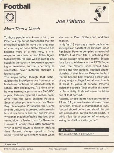 1977-79 Sportscaster Series 72 #72-17 Joe Paterno Back