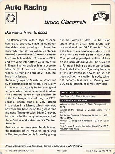 1977-79 Sportscaster Series 74 #74-08 Bruno Giacomelli Back