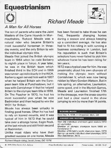 1977-79 Sportscaster Series 76 #76-21 Richard Meade Back