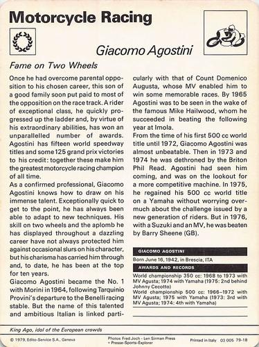 1977-79 Sportscaster Series 79 #79-18 Giacomo Agostini Back