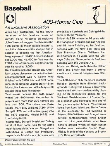 1977-79 Sportscaster Series 101 #101-22 400-Homer Club Back