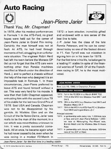 1977-79 Sportscaster Series 103 #103-15 Jean-Pierre Jarier Back
