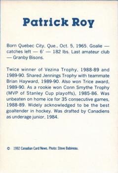 1992-93 Canadian Card News Repli-Cards #1 Patrick Roy Back