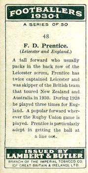 1931 Lambert & Butler Footballers 1930-1 #48 Frank Prentice Back