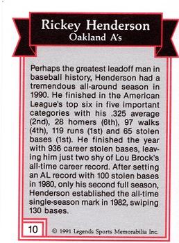 1991 Legends Sports Memorabilia #10 Rickey Henderson Back