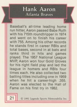 1991 Legends Sports Memorabilia #21 Hank Aaron Back