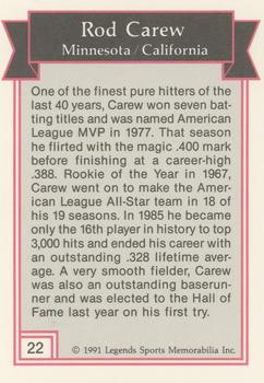 1991 Legends Sports Memorabilia #22 Rod Carew Back