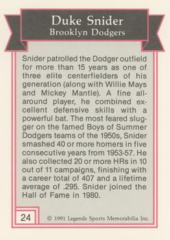 1991 Legends Sports Memorabilia #24 Duke Snider Back