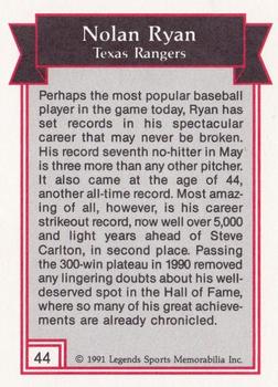 1991 Legends Sports Memorabilia #44 Nolan Ryan Back