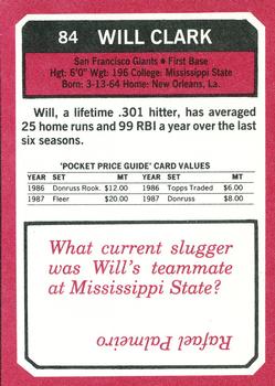 1993 SCD Sports Card Pocket Price Guide #84 Will Clark Back