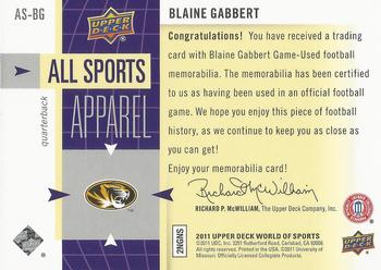 2011 Upper Deck World of Sports - All Sports Apparel #AS-BG Blaine Gabbert Back