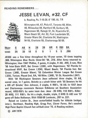 1978 JJH Reading Remembers #NNO Jesse Levan Back