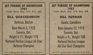 1951 Berk Ross - Berk Ross Panels #1-17 / 1-18 Bill Durnan / Bill Quackenbush Back