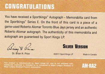 2012 Sportkings Series E - Autograph-Memorabilia Silver Version #AM-RA2 Roberto Alomar Back