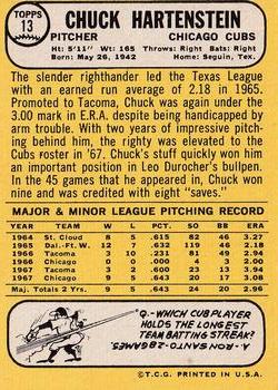 1968 Topps Milton Bradley Win-A-Card #13 Chuck Hartenstein Back