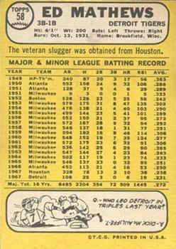 1968 Topps Milton Bradley Win-A-Card #58 Ed Mathews Back