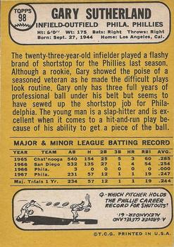 1968 Topps Milton Bradley Win-A-Card #98 Gary Sutherland Back