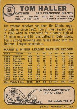 1968 Topps Milton Bradley Win-A-Card #185 Tom Haller Back