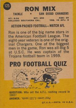 1968 Topps Milton Bradley Win-A-Card #125 Ron Mix Back