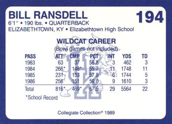 1989-90 Collegiate Collection Kentucky Wildcats #194 Bill Ransdell Back