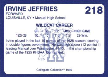 1989-90 Collegiate Collection Kentucky Wildcats #218 Irvine Jeffries Back