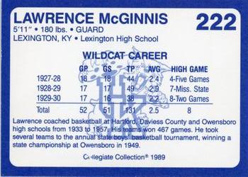 1989-90 Collegiate Collection Kentucky Wildcats #222 Lawrence McGinnis Back