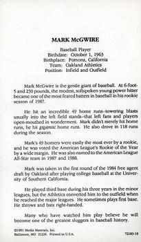 1991 Media Materials Reading Cards #72183-18 Mark McGwire Back