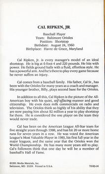 1991 Media Materials Reading Cards #72183-24 Cal Ripken, Jr. Back