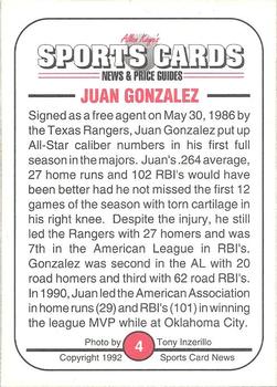 1991 Allan Kaye's Sports Cards News Magazine - Standard-Sized 1992 #4 Juan Gonzalez Back