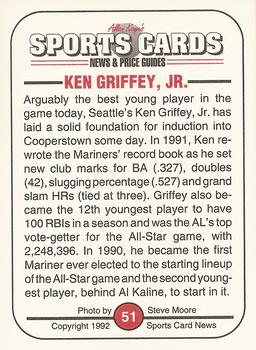 1991 Allan Kaye's Sports Cards News Magazine - Standard-Sized 1992 #51 Ken Griffey, Jr. Back