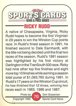 1991 Allan Kaye's Sports Cards News Magazine - Standard-Sized 1992 #70 Ricky Rudd Back
