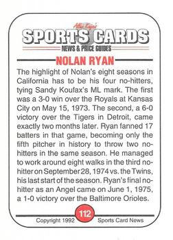 1991 Allan Kaye's Sports Cards News Magazine - Standard-Sized 1992 #112 Nolan Ryan Back
