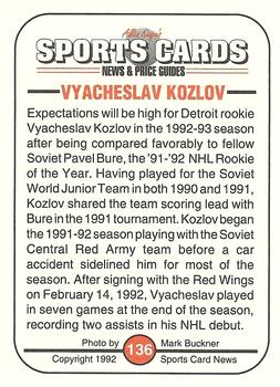 1991 Allan Kaye's Sports Cards News Magazine - Standard-Sized 1992 #136 Vyacheslav Kozlov Back