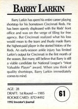 1992 Investor's Journal #61 Barry Larkin Back