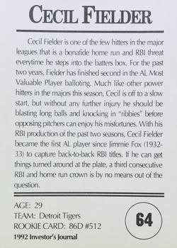 1992 Investor's Journal #64 Cecil Fielder Back