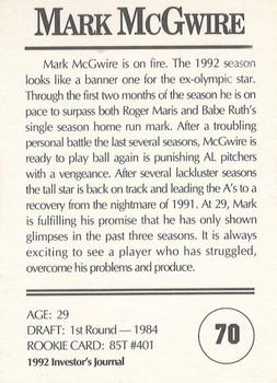 1992 Investor's Journal #70 Mark McGwire Back