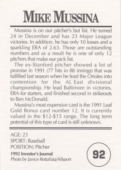 1992 Investor's Journal #92 Mike Mussina Back