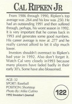 1992 Investor's Journal #122 Cal Ripken Jr. Back
